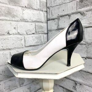 Vintage Le Chateau Black White Faux Leather Peep Toe High Heel Pumps